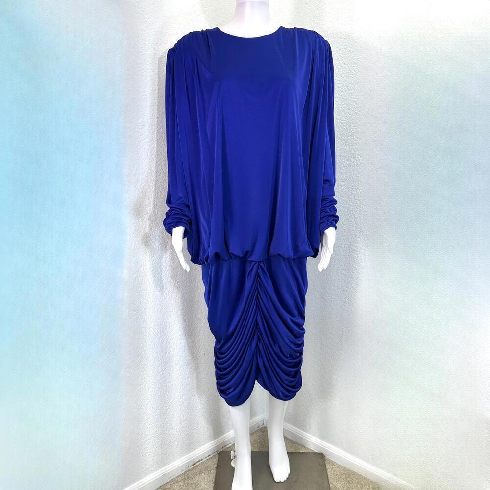 Vtg XL Royal Blue Draped Ruched Dress Handmade Long Sleeve Dynasty Vegas Party